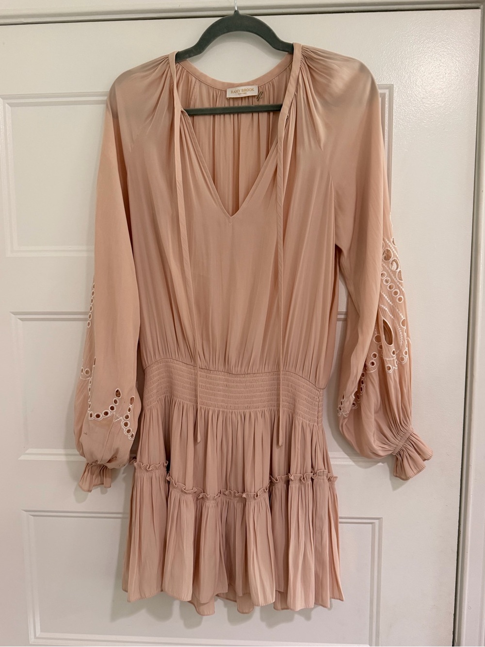 RAMY BROOK Blush Pink Long Sleeve V-Neck Tiered Mini Dress